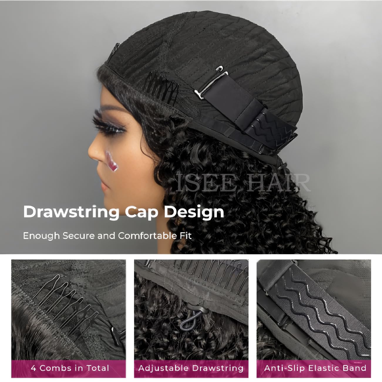 ISEE media-peluca-drawstring-cap, ajuste seguro sin costura para mayor comodidad
