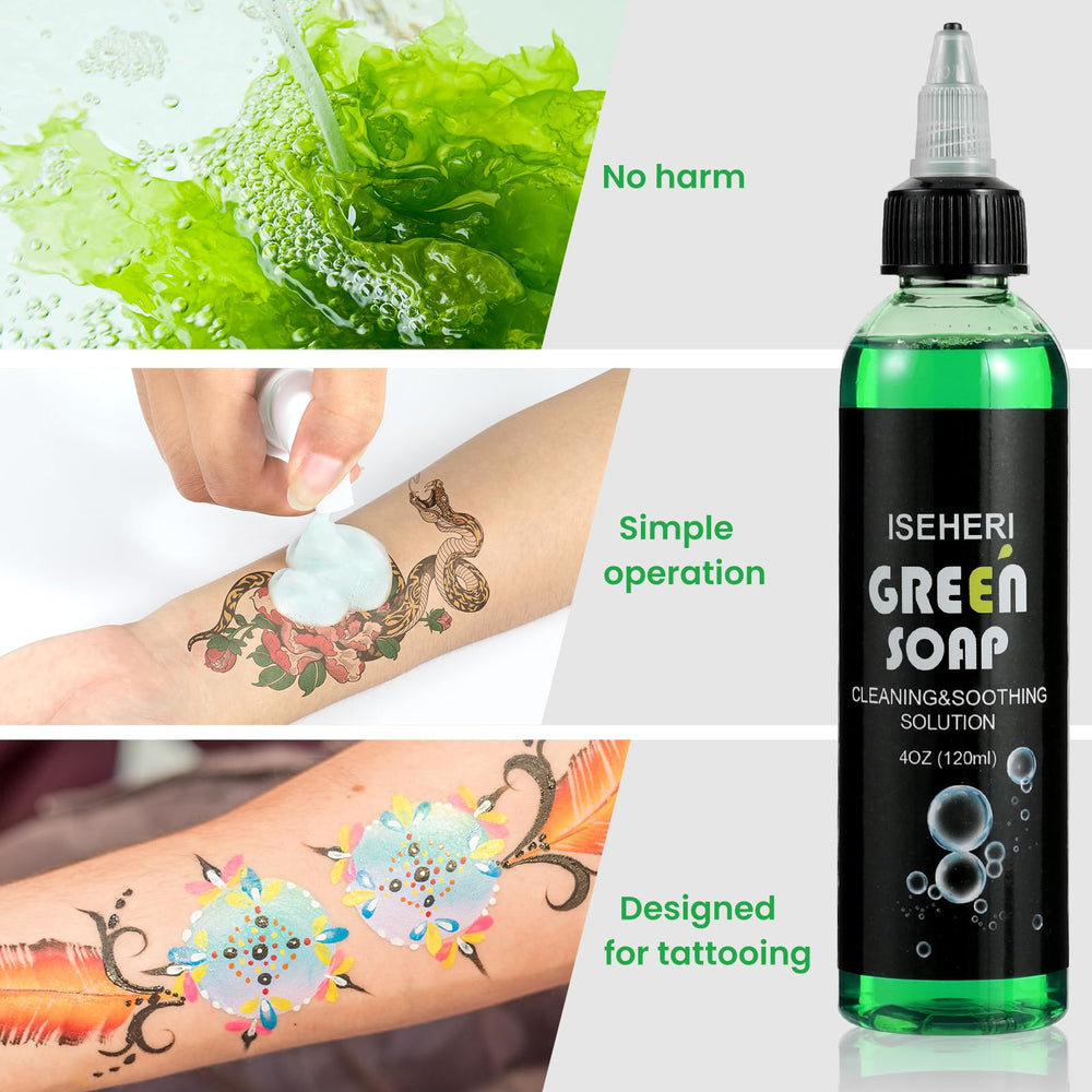 iseheri green soap for piercings and tattoos provides hypoallergenic cleansing for sensitive skin.