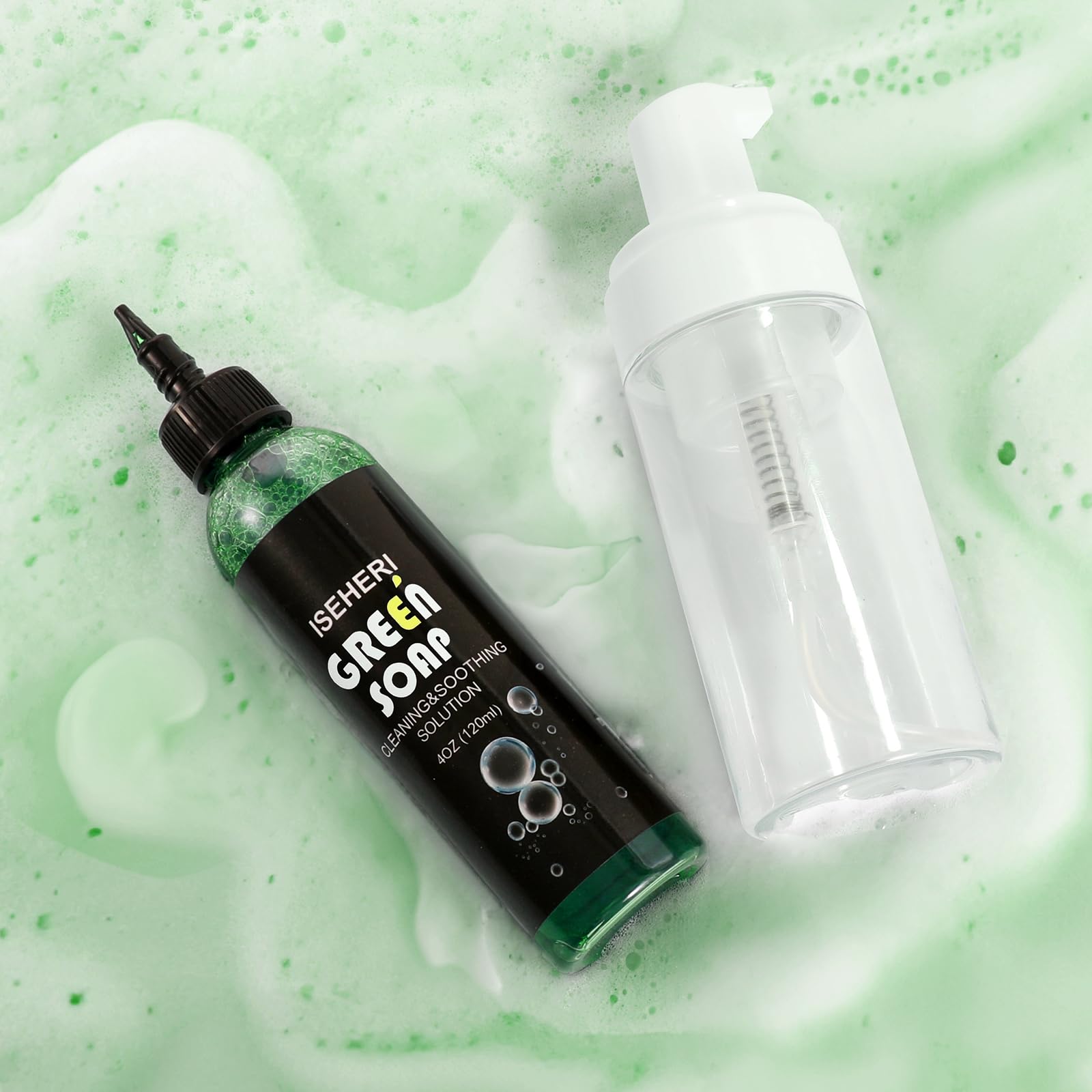 iseheri green soap foaming bottle top view shows convenient tattoo prep setup.