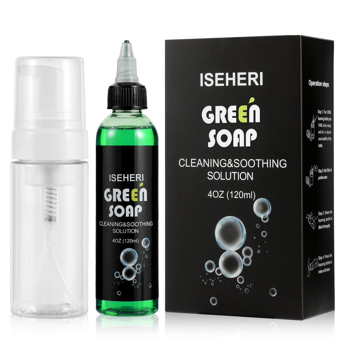 iseheri ultra-concentrated green soap tattoo 4oz bottle provides gentle pre-clean for skin.