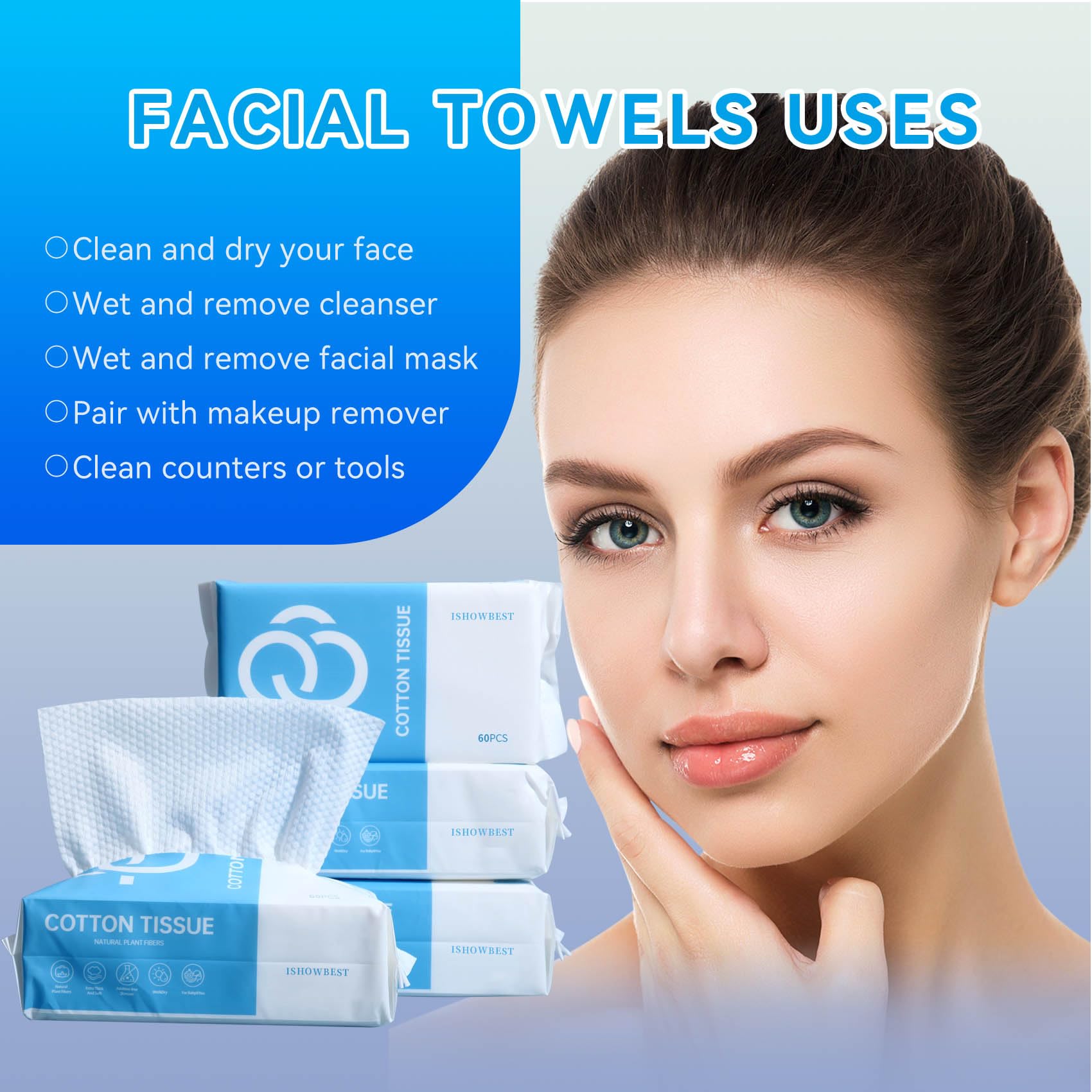 ISHOWBEST, toallas faciales desechables de 20x18 cm, practicidad para cuidado diario.