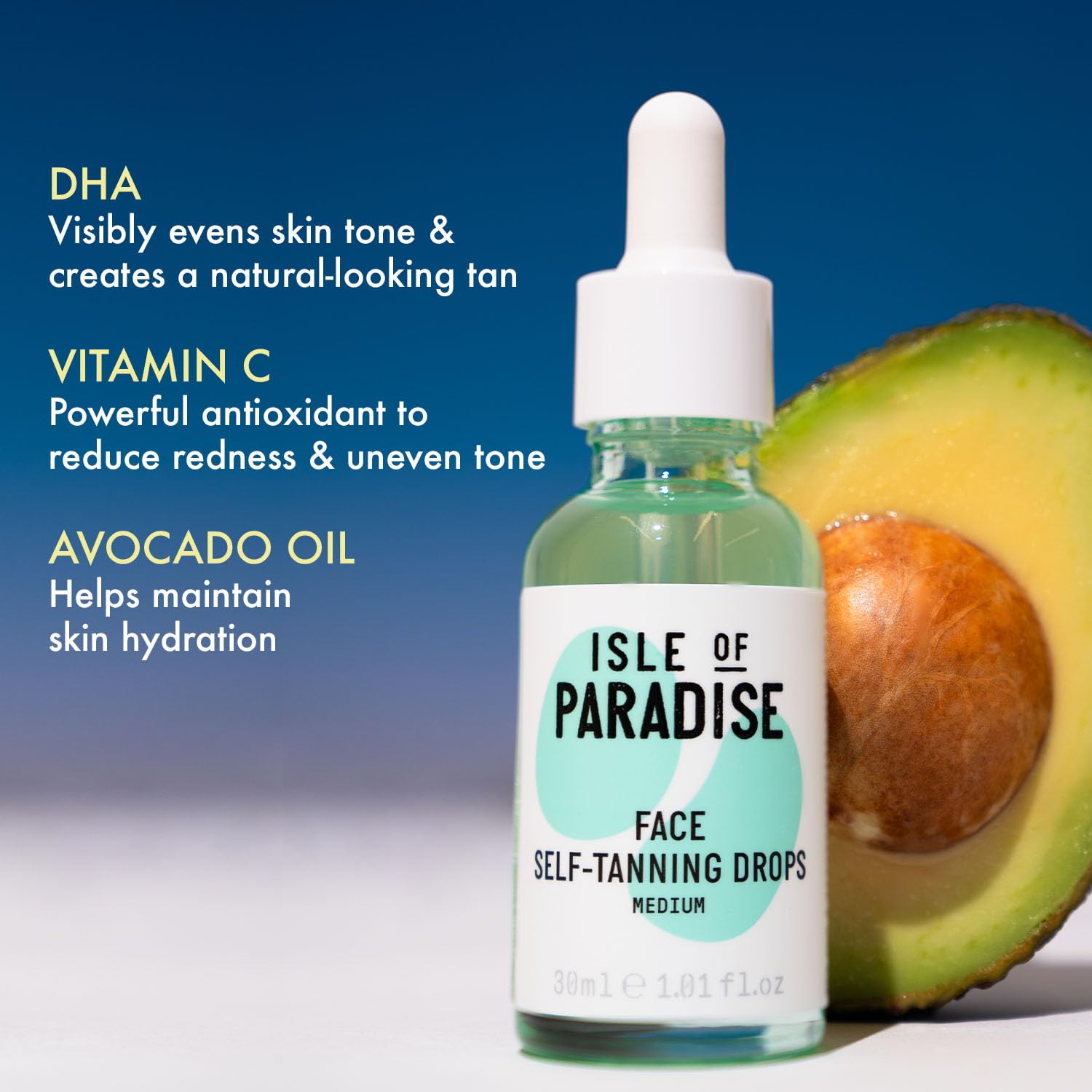 Isle of Paradise ingrédients hydratants pamplemousse chia avocat pour peau douce