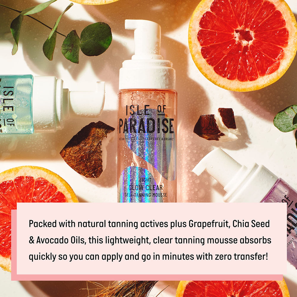 Isle of Paradise Mousse bronzante Glow Clear, hydratation durable pour la peau.