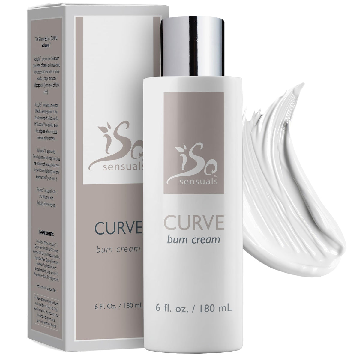 IsoSensuals Curve crema glúteos, botella, uso diario para contorno más definido.