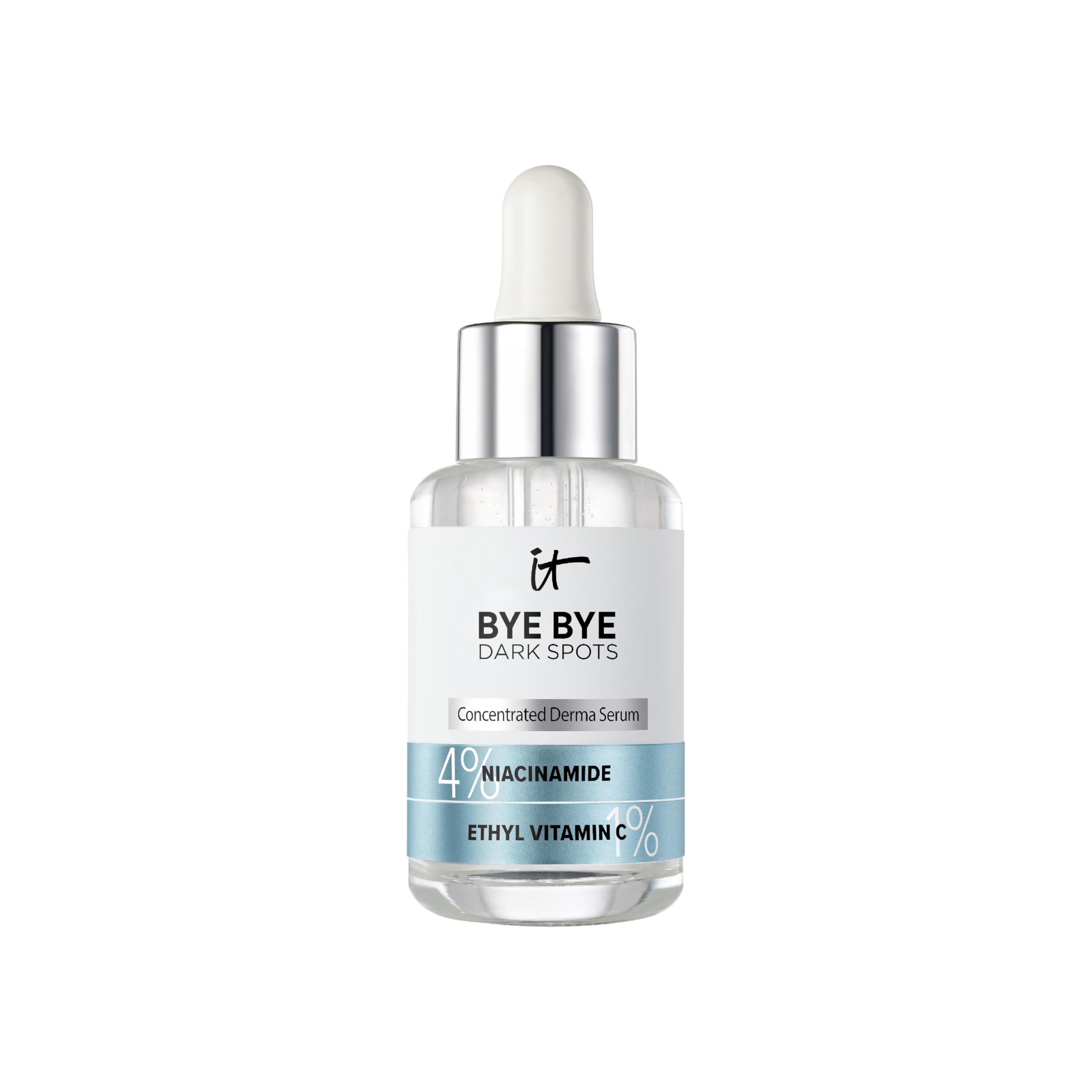Sérum IT Cosmetics Bye Bye Dark Spots muestra la botella y claridad de la piel.