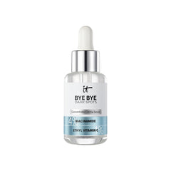 Sérum IT Cosmetics Bye Bye Dark Spots muestra la botella y claridad de la piel.