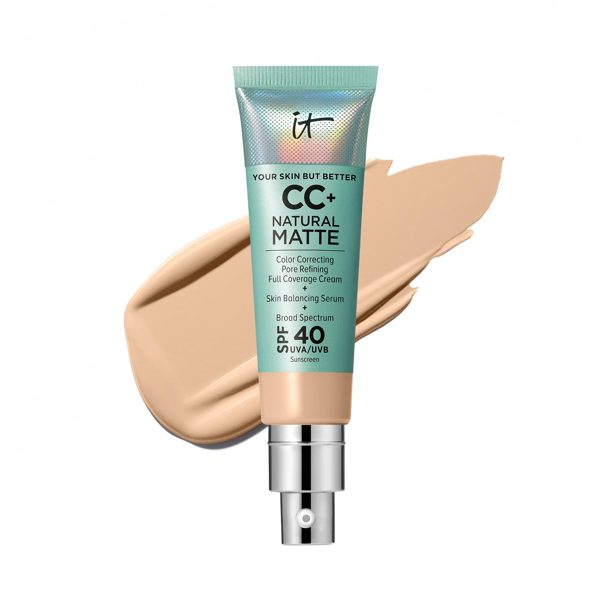 IT Cosmetics CC+ Crema Natural Mate tono claro, poros difuminados para un acabado suave.