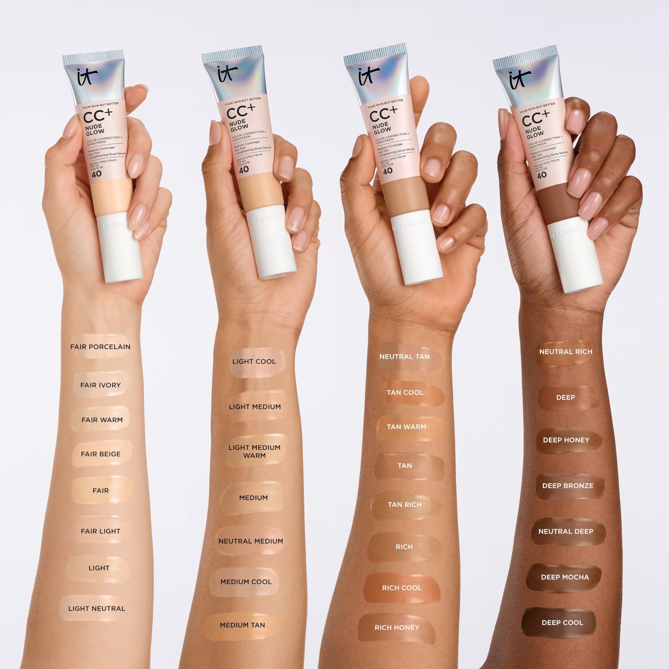 IT Cosmetics CC+ Nude Glow, enfoque hidratacion-24h, piel cómoda y humectada todo el día.