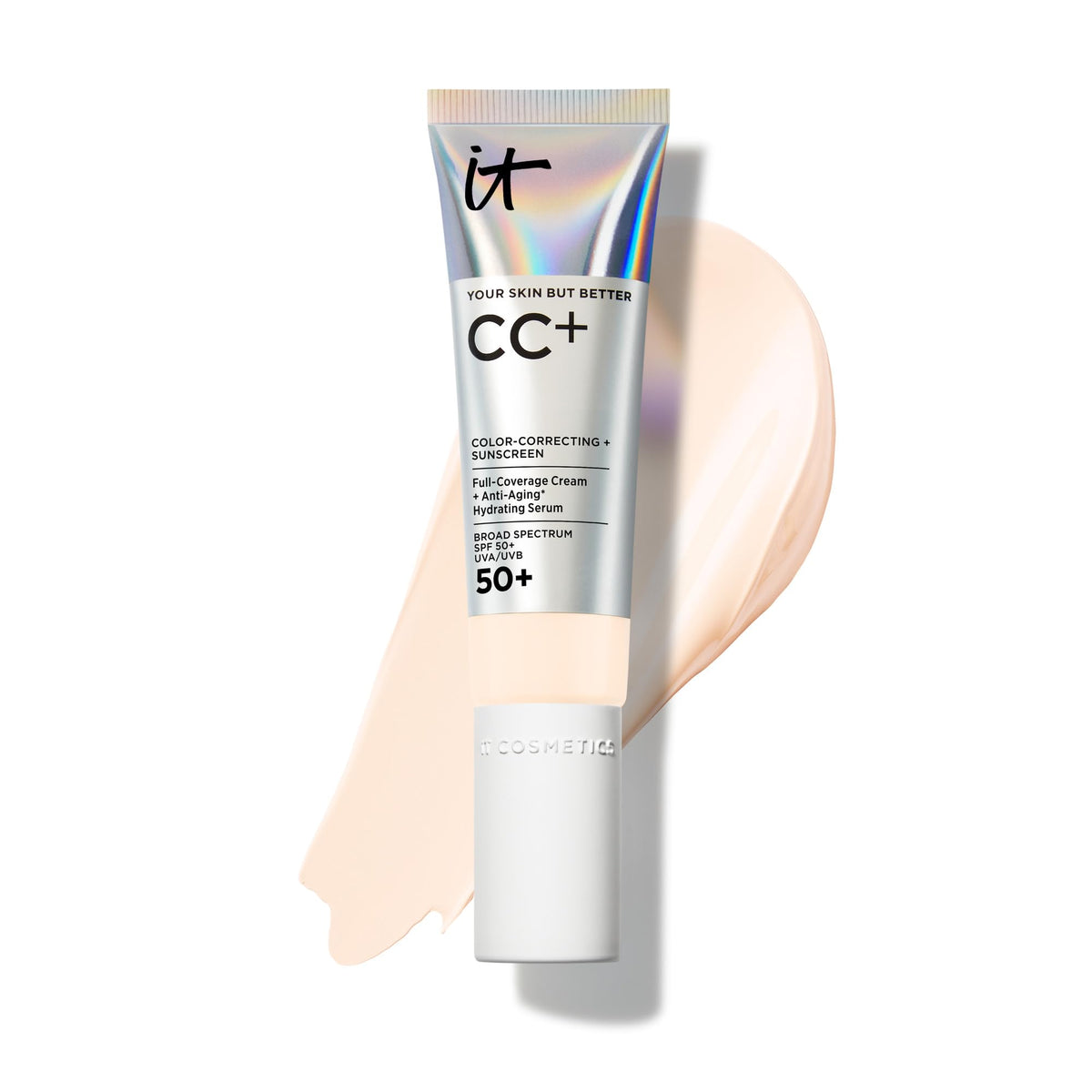 IT Cosmetics CC+ Cream envase práctico, ideal para retoques diarios con SPF 50+.