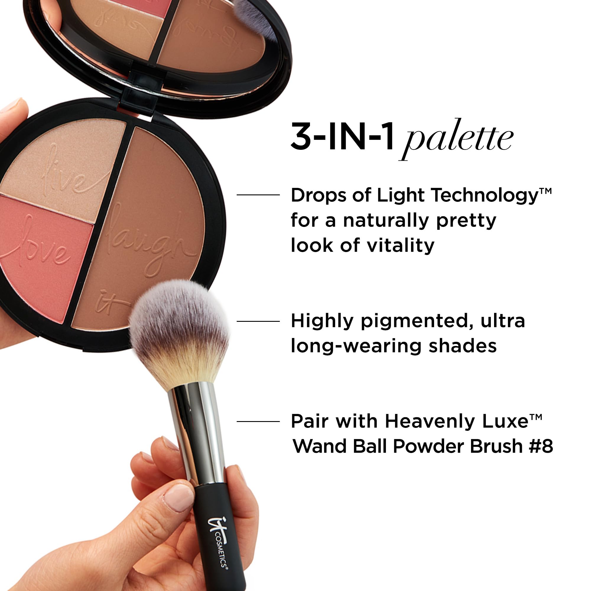 IT Cosmetics paleta 3 en 1 con rubor iluminador para flush natural.