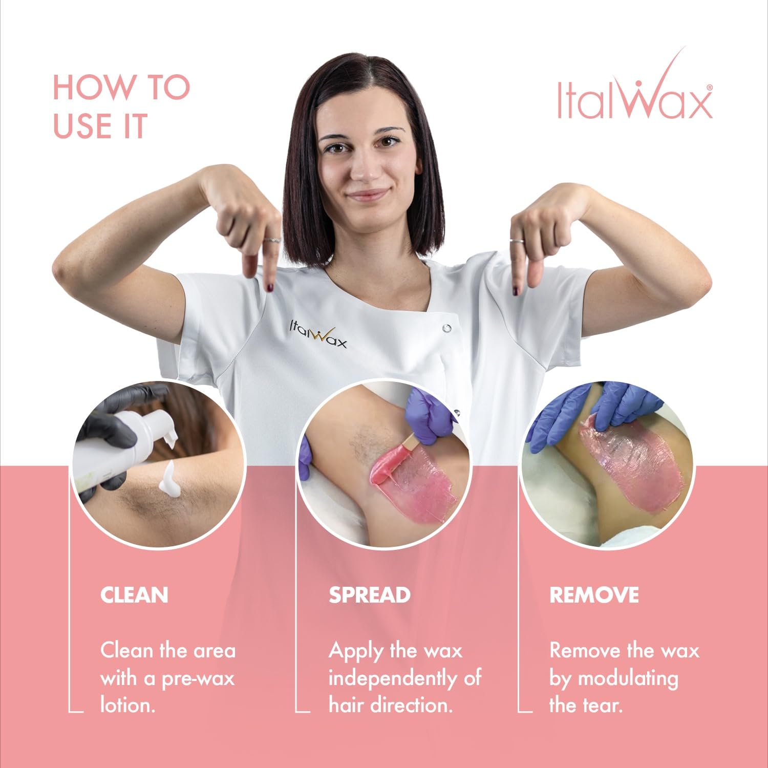 Elastic removal action of Italwax Pink Pearl wax on a facial contour.