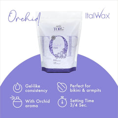 Italwax Top Line Orchid hard wax demonstrating fast-set indicator for efficient service.
