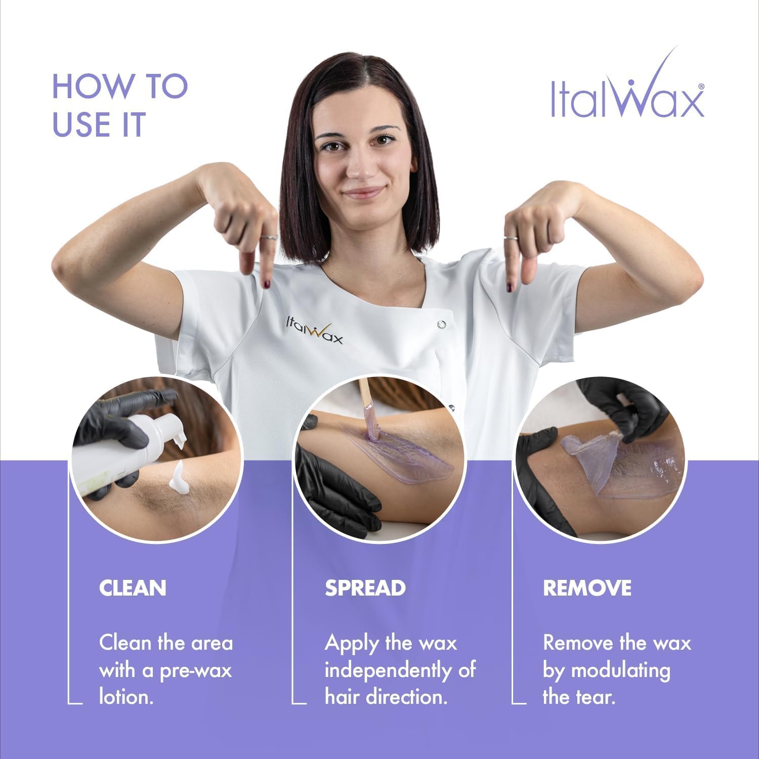 Italwax Orchid wax elasticity aids smooth removal on curved zones.