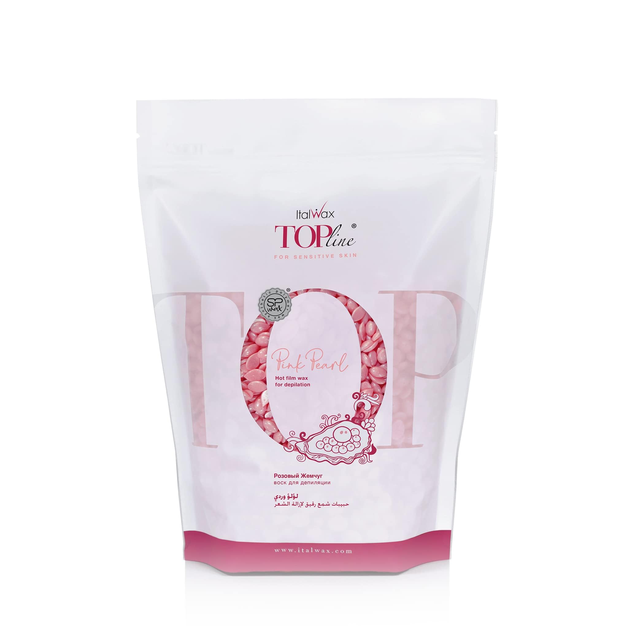 Italwax Top Line Pink Pearl hard wax bottle closeup for precise facial use.