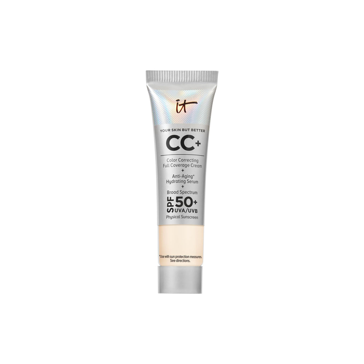 IT Cosmetics CC+ Crema de viaje Fair, botella con vertido, aporta cobertura total y SPF 50+.
