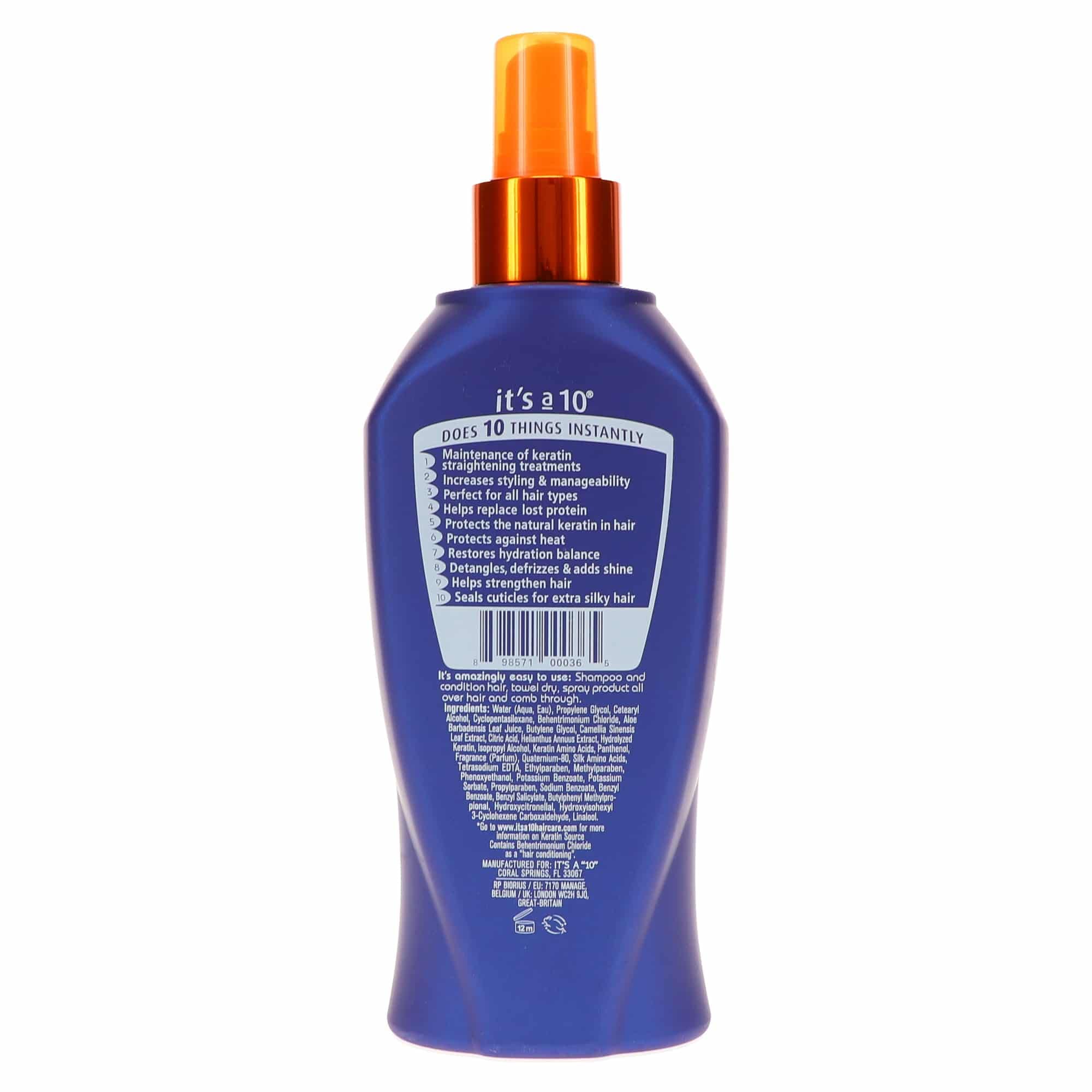 It's a 10 Haircare Miracle Leave-In Keratin Spray, détail flacon montrant une texture légère et nourrissante.