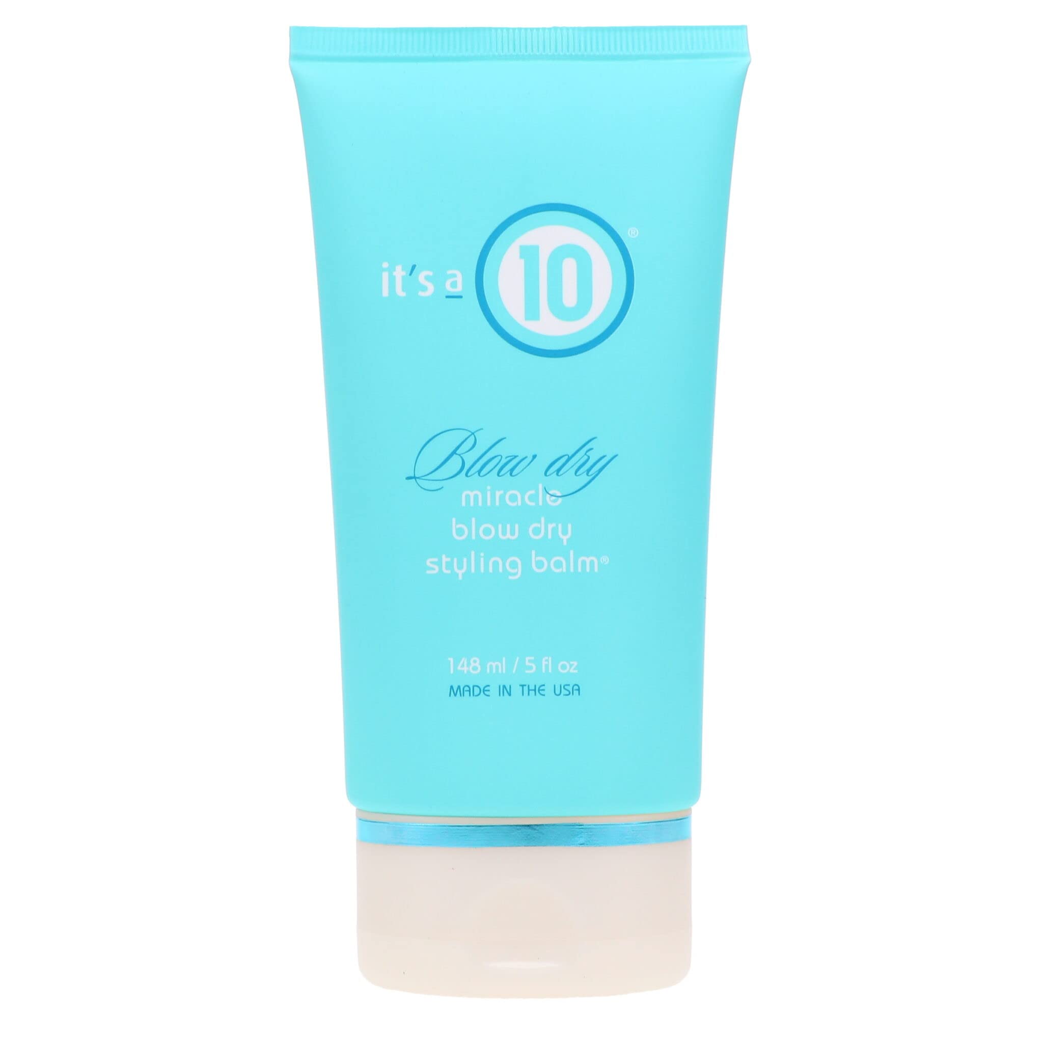 It's a 10 Haircare bálsamo milagro para secado, vista frontal de la botella y cabello suave.