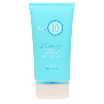It's a 10 Haircare bálsamo milagro para secado, vista frontal de la botella y cabello suave.