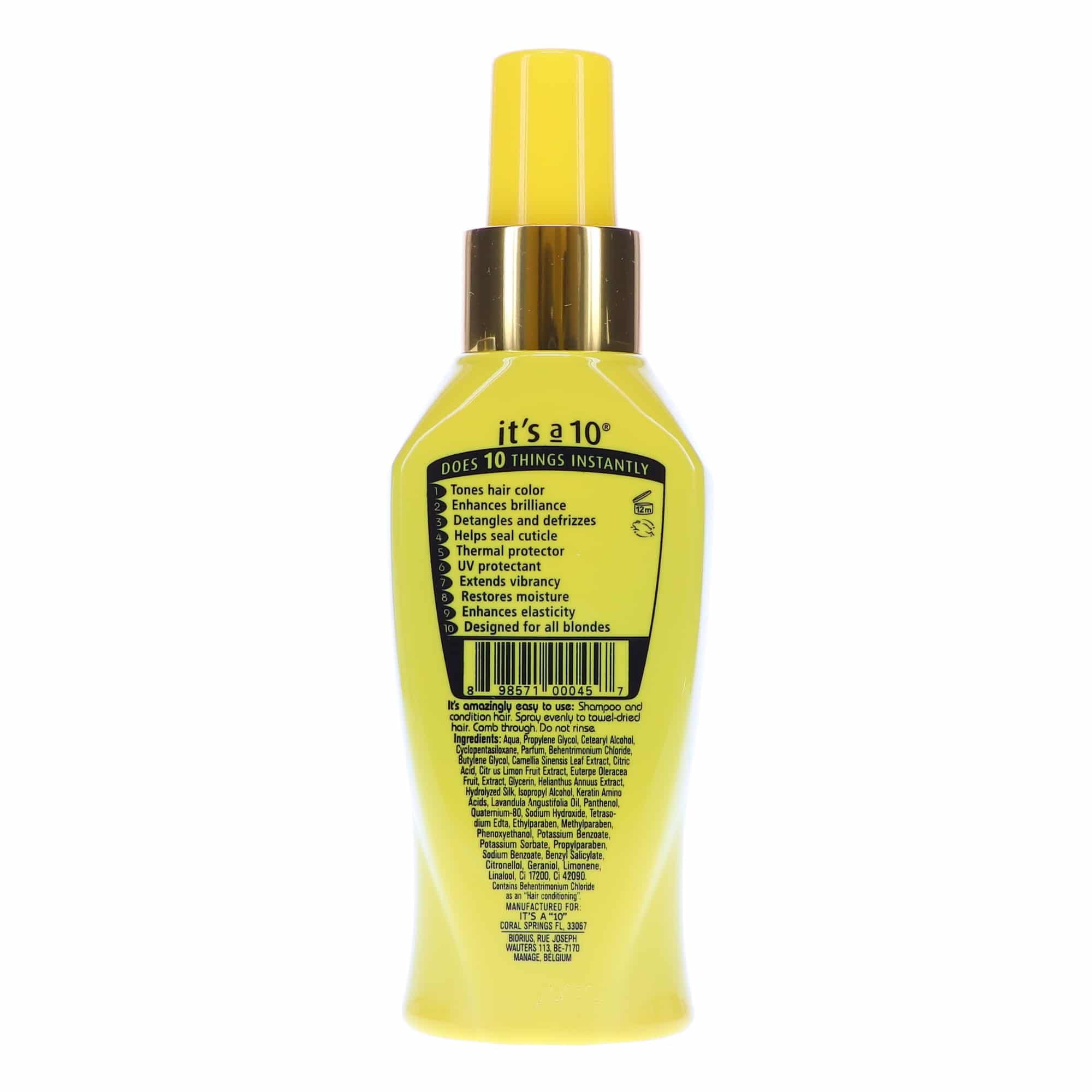 Its a 10 Haircare Blonde Miracle Leave-In, atomizador para rociar y suavizar el cabello.