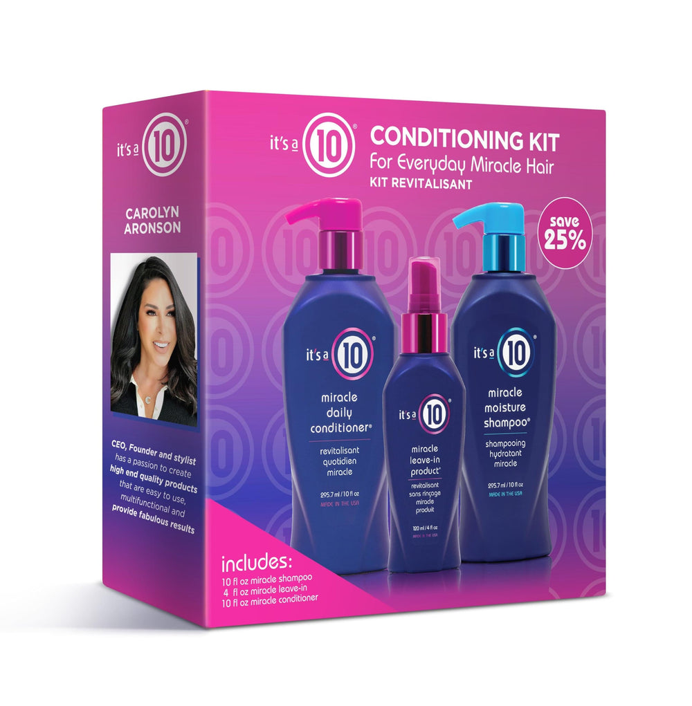 Its a 10 Haircare Miracle Conditioning Trio Kit, botella del kit, para mayor manejabilidad y peinados duraderos.