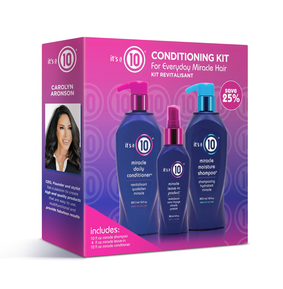 Its a 10 Haircare Miracle Conditioning Trio Kit, botella del kit, para mayor manejabilidad y peinados duraderos.