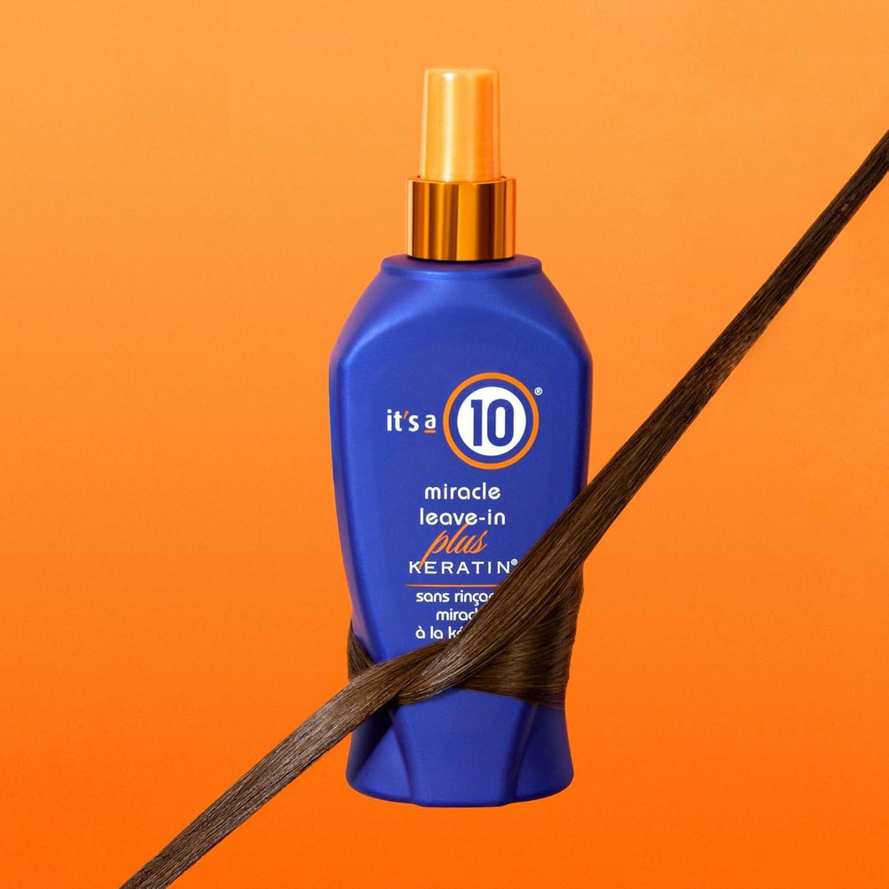 It's a 10 Haircare Miracle Leave-In Keratin, textura sedosa para cabello seco.