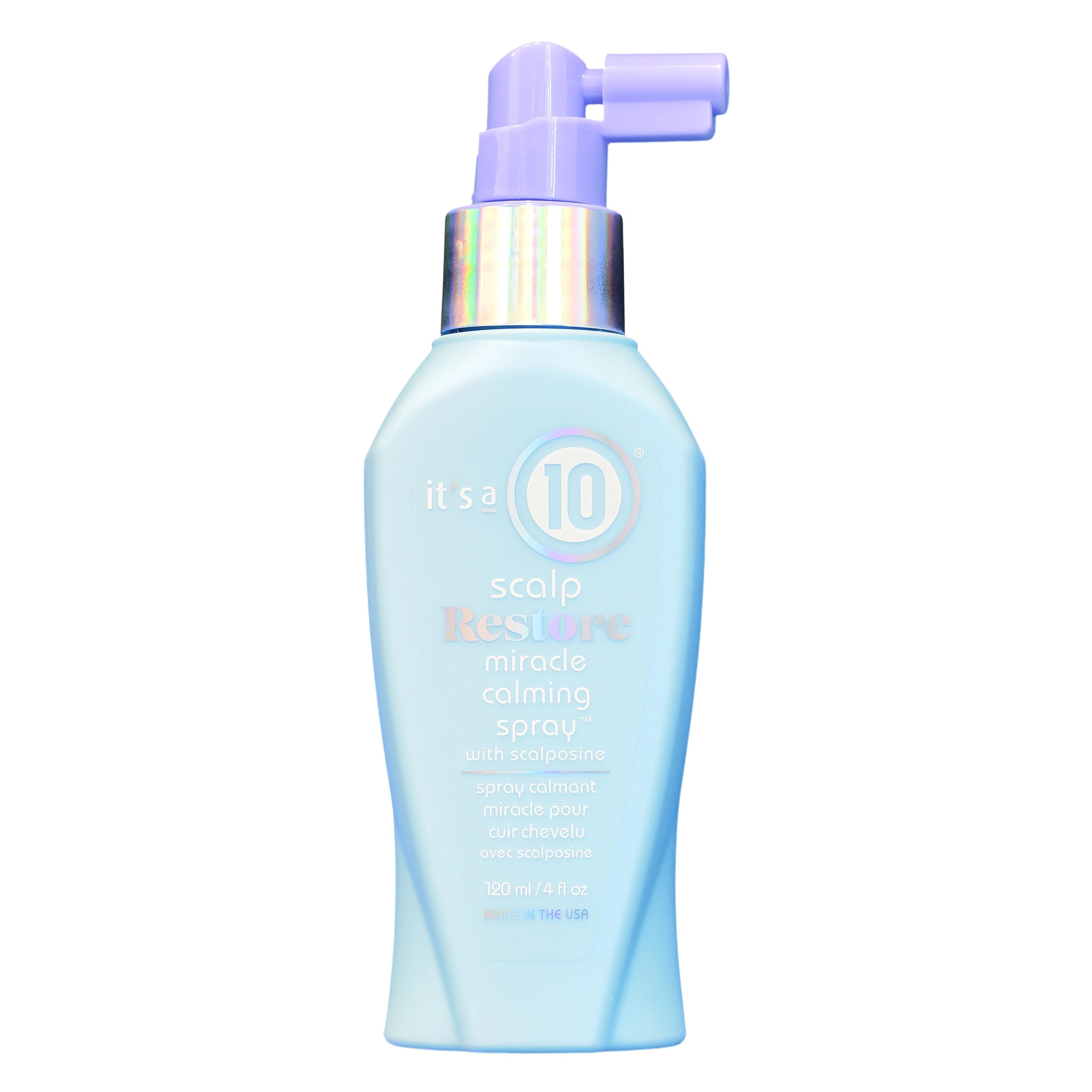 Spray calmante para cuero cabelludo de It’s a 10 Haircare, enfoque en la botella