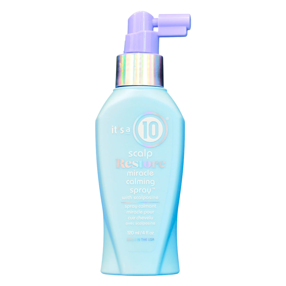 Spray calmante para cuero cabelludo de It’s a 10 Haircare, enfoque en la botella