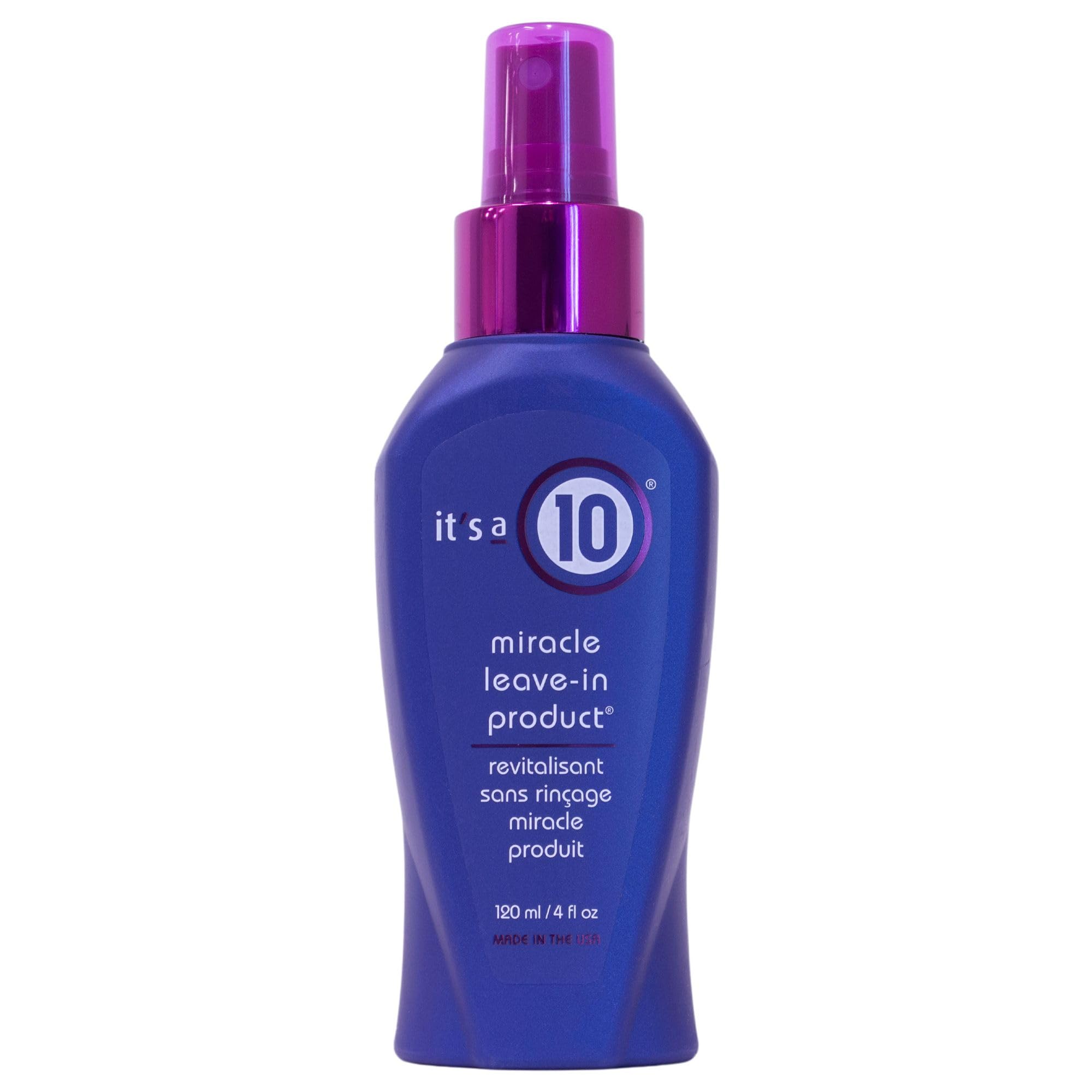 Its A 10 Milagro sin enjuague, botella 4oz, muestra empaque y promueve suavidad y brillo.