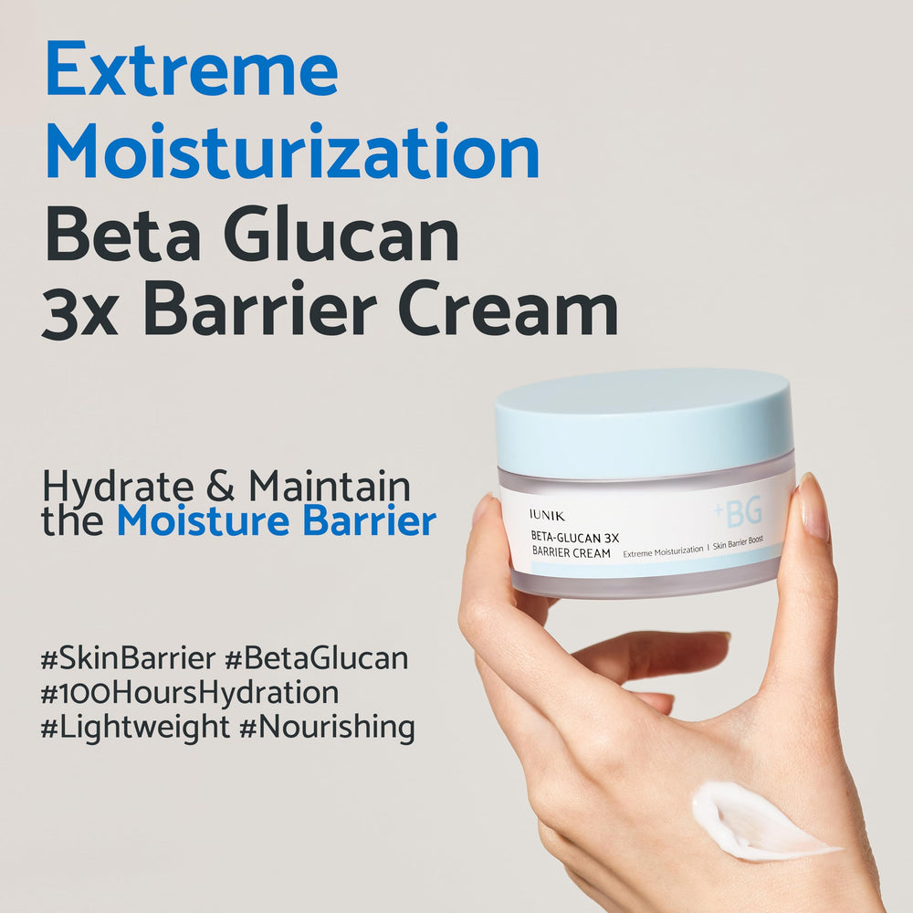 IUNIK Beta-Glucan mejora la barrera con ectoin y panthenol para protección diaria.