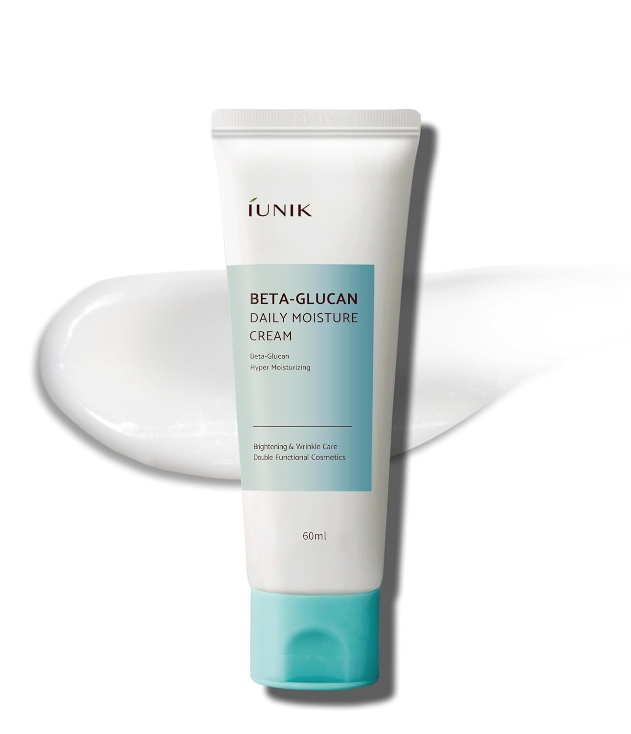 IUNIK Beta-Glucan crema en botella, hidratación duradera para piel seca.