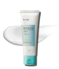 IUNIK Beta-Glucan crema en botella, hidratación duradera para piel seca.