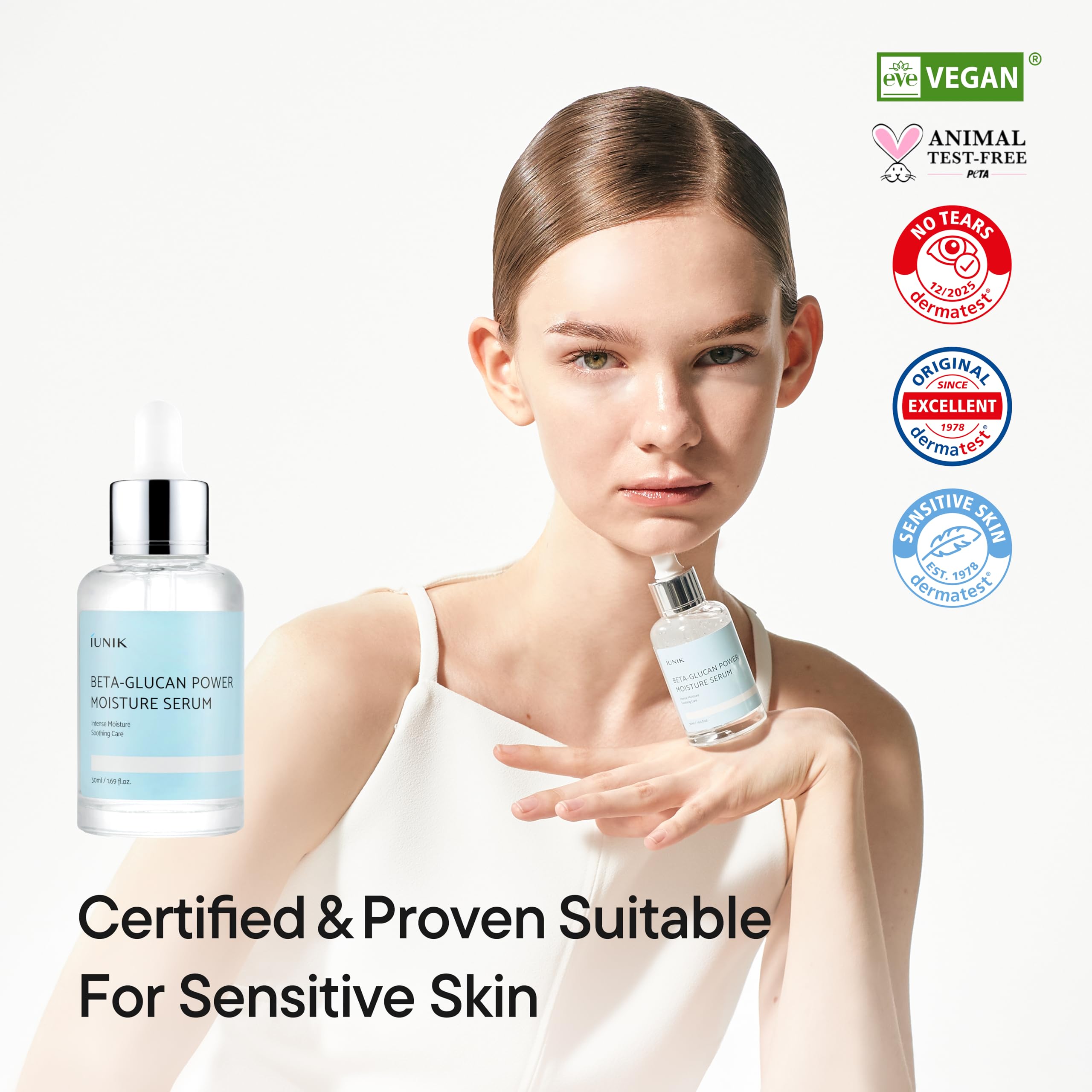 IUNIK Ingrédients Beta-Glucane et champignon, actif hydratant sans parfum.