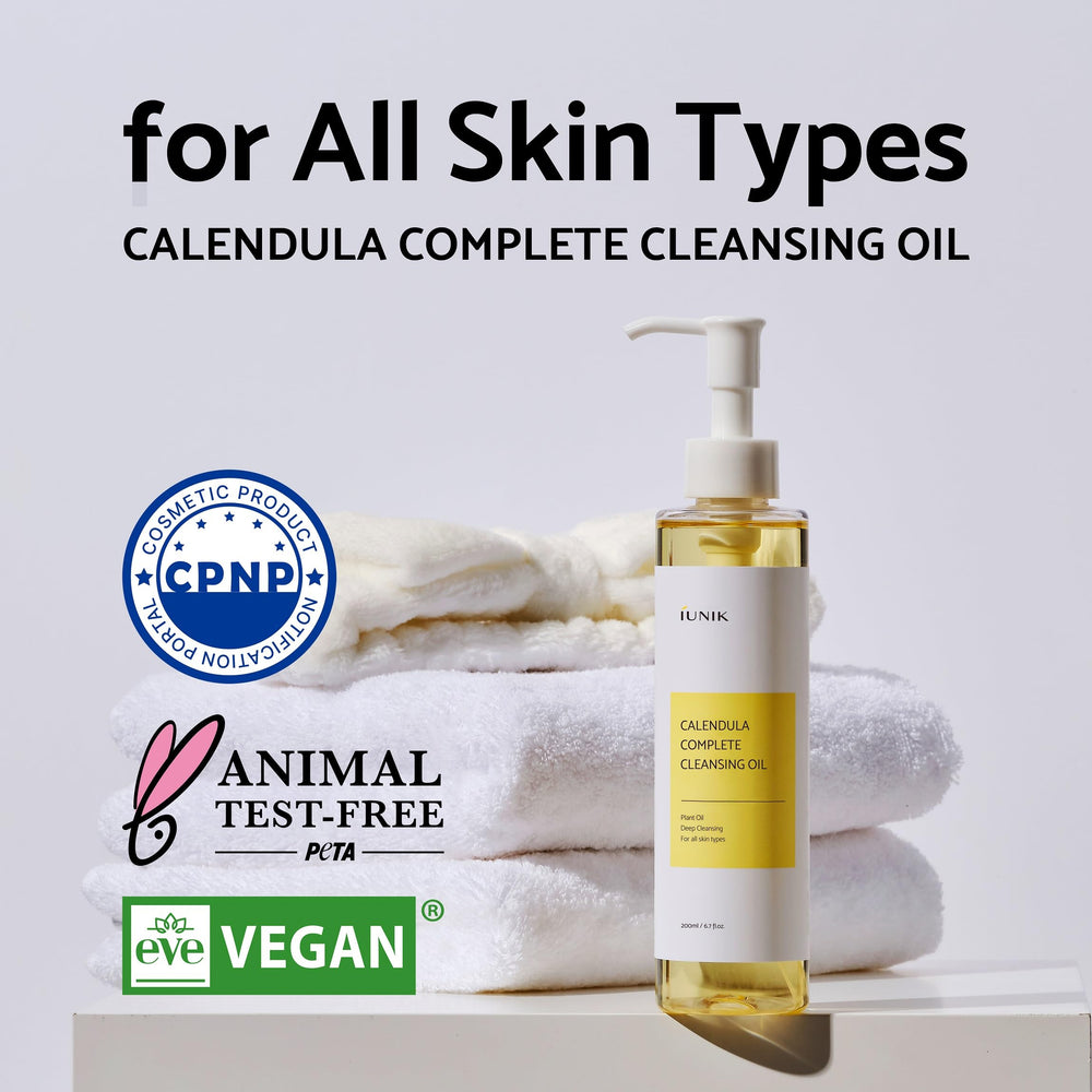 IUNIK nettoyage visage huile Calendula-Jojoba, texture légère qui nourrit sans dessécher.
