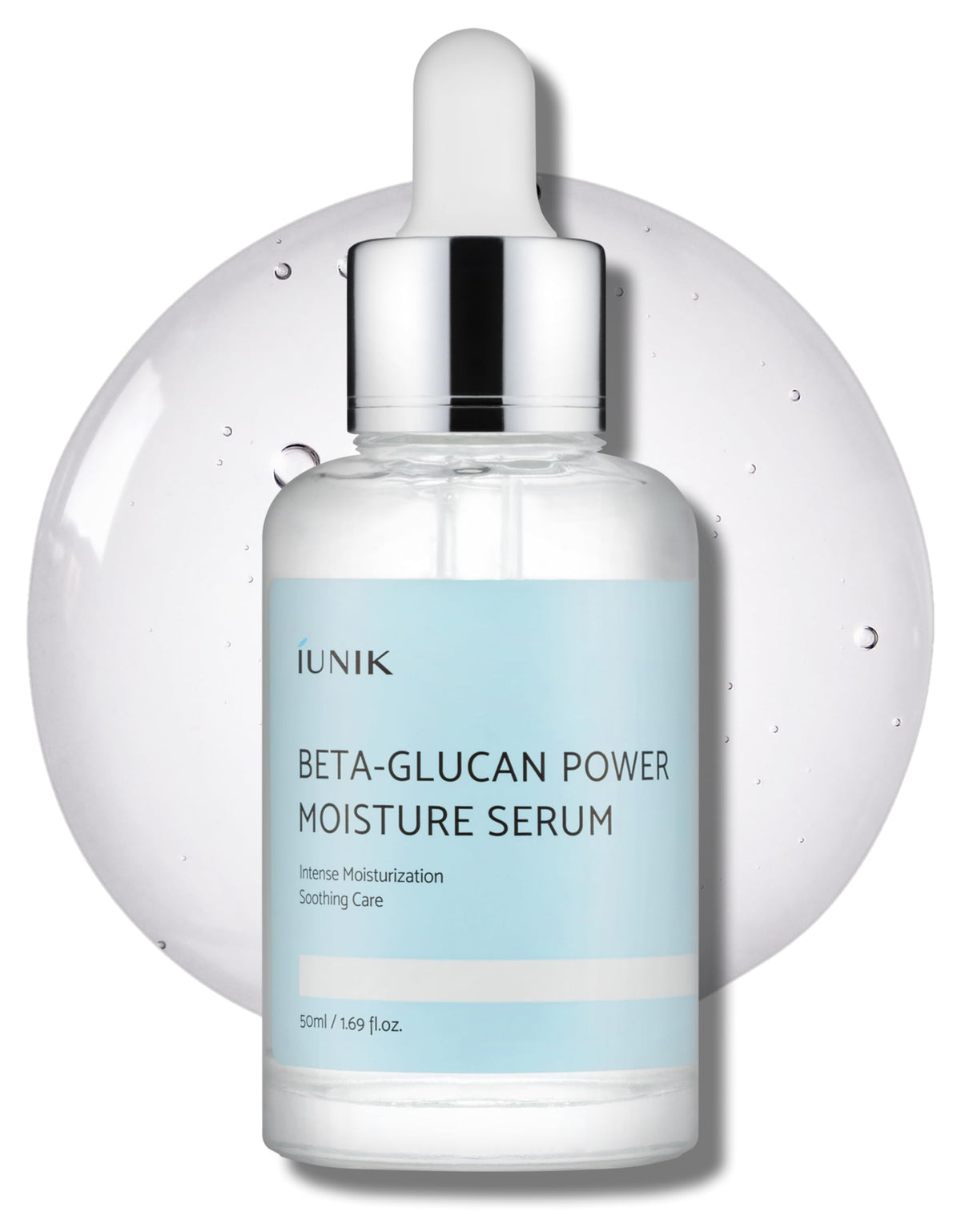 IUNIK Sérum Beta-Glucane hydratant, bouteille claire pour hydratation durable.