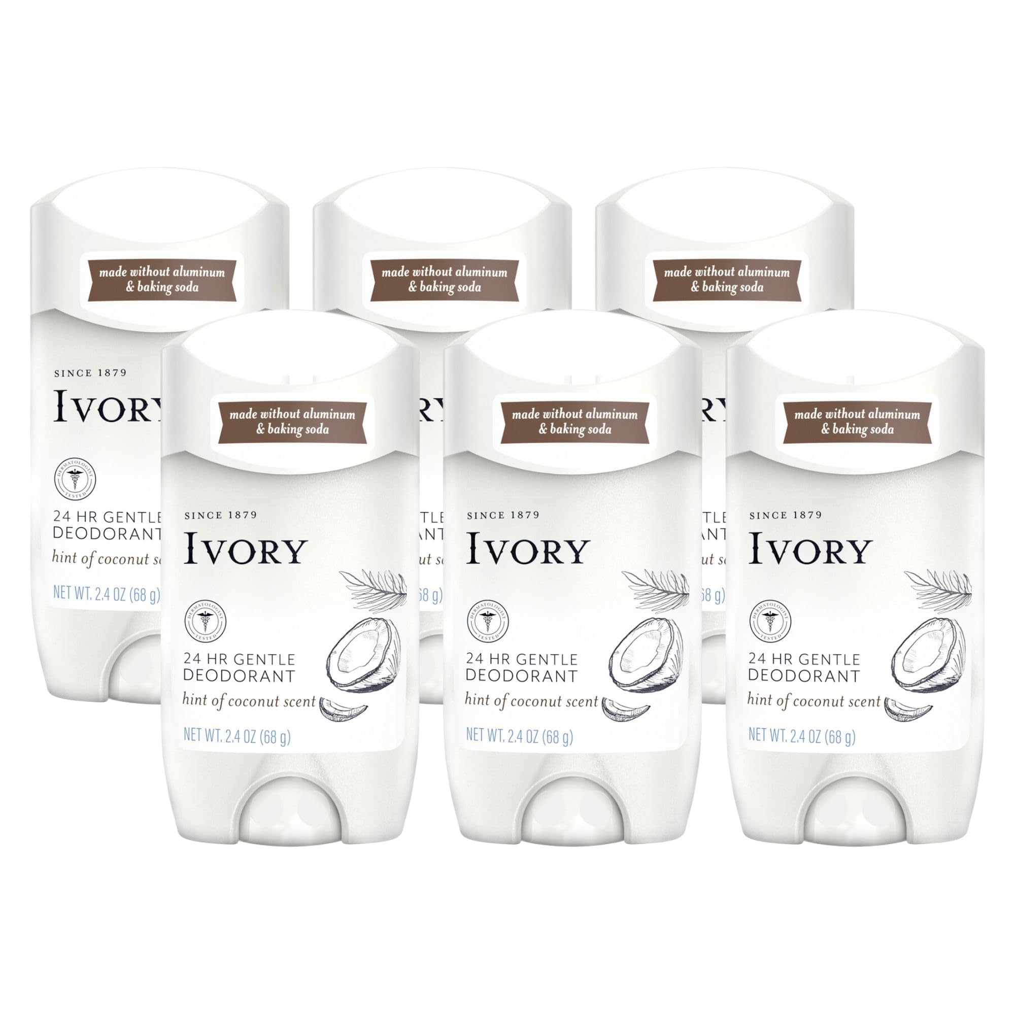 Ivory desodorante coco sin aluminio, pack de 6, protección confiable todo el día.