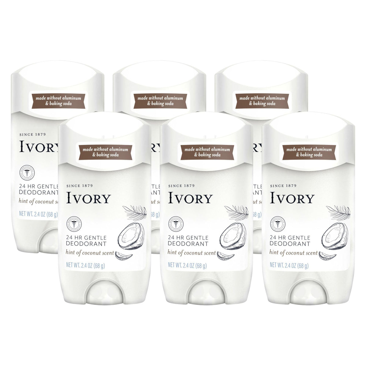 Ivory desodorante coco sin aluminio, pack de 6, protección confiable todo el día.