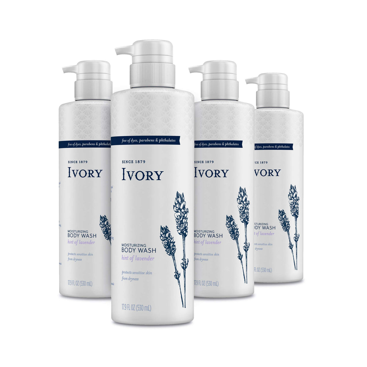 Ivory ducha hidratante para piel sensible con lavanda, botella visible.