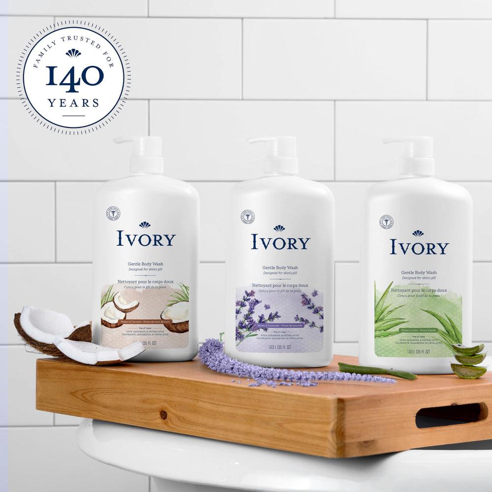 Ivory gel de baño sin parabenos, seguro para piel sensible.