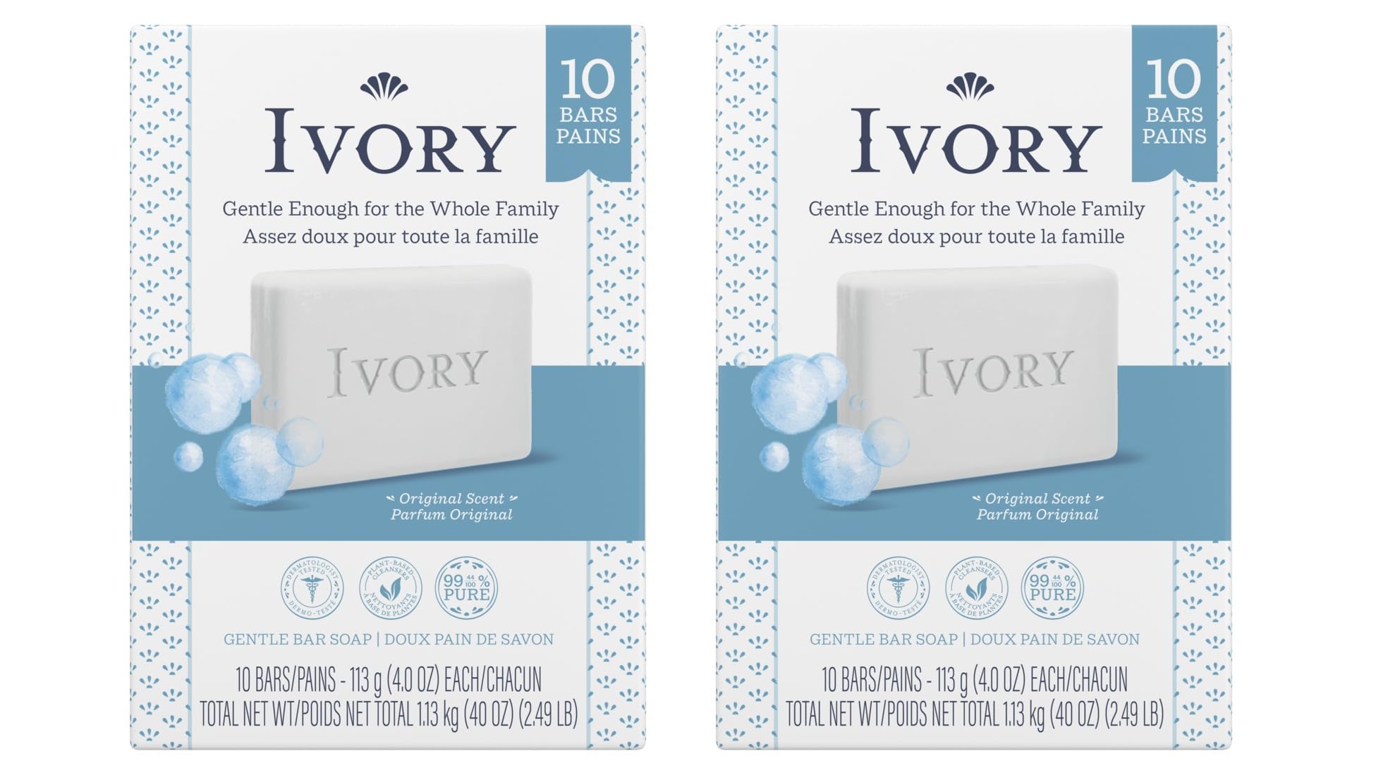 Ivory jabón en barra original de 4 onzas, limpieza suave para piel sensible.