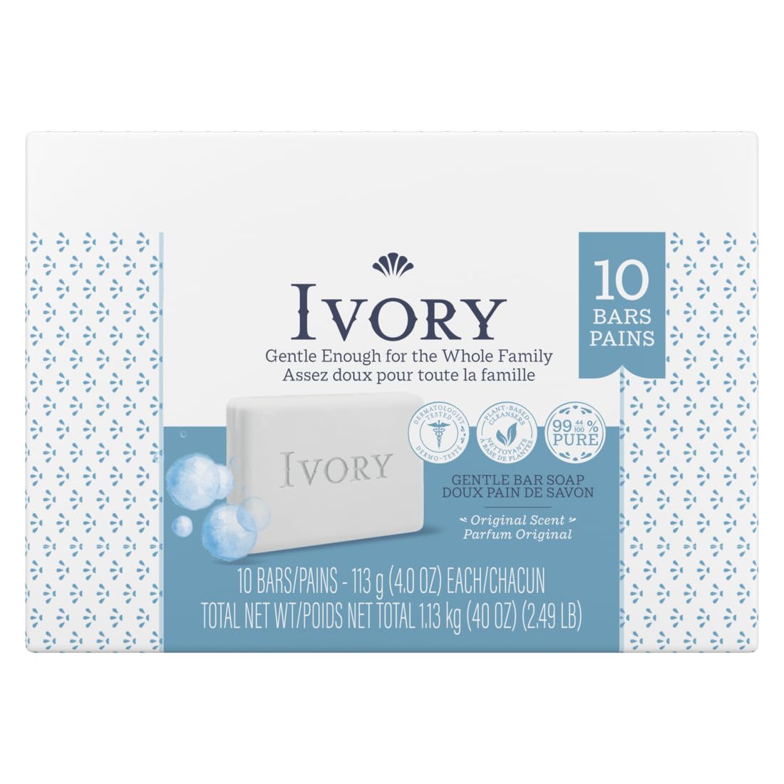 Jabón Ivory sin tintes ni perfumes para piel delicada.