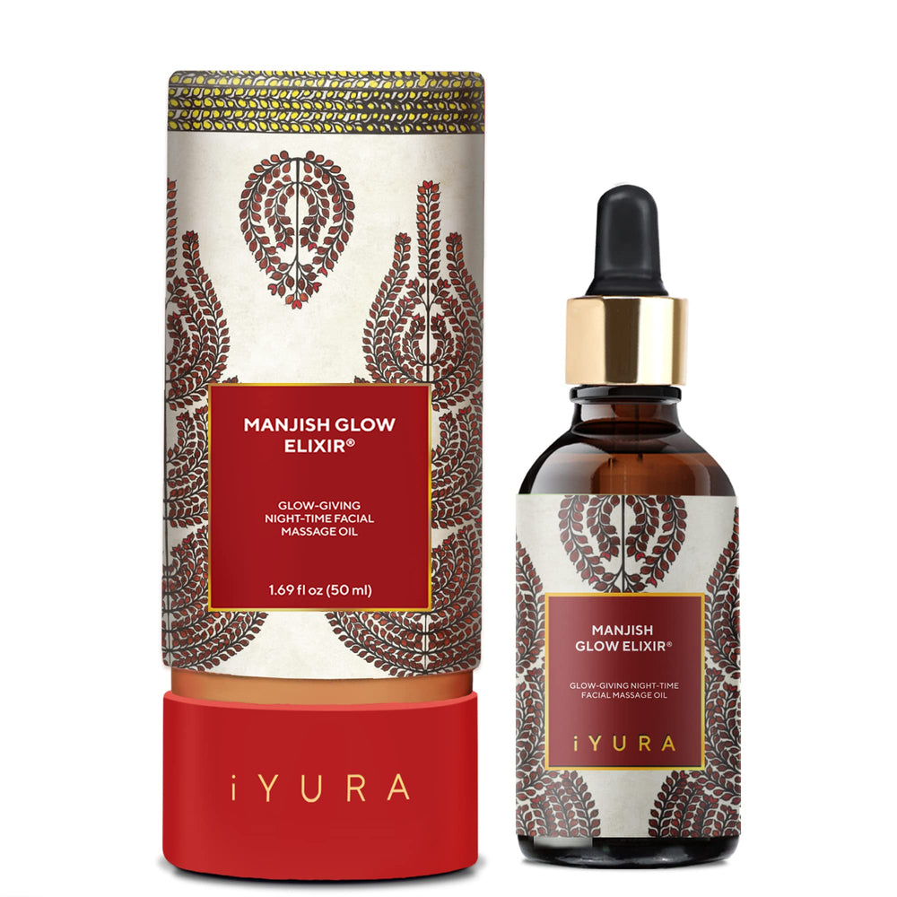 Iyura Manjish Glow Elixir — Bouteille pipette pour soin nocturne léger et lumineux
