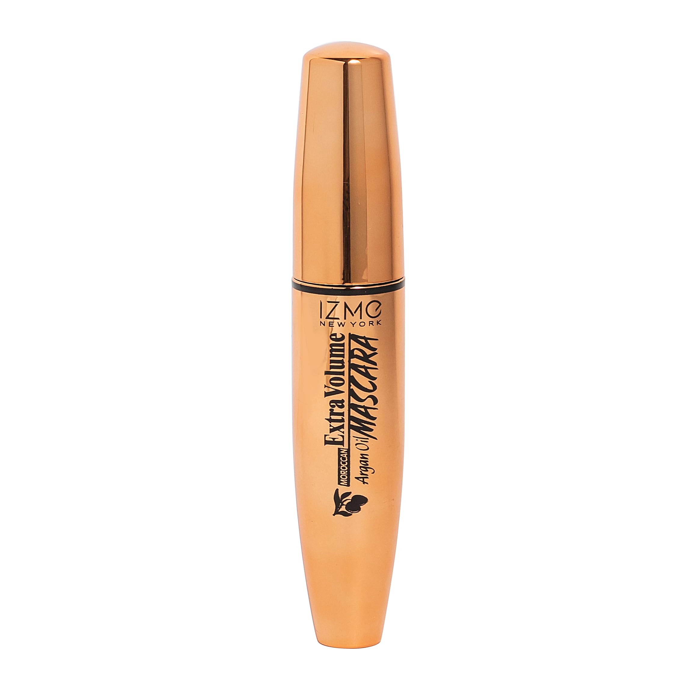 IZME New York Mascara con aceite de argán, empaque dorado, ideal para un acabado luminoso.