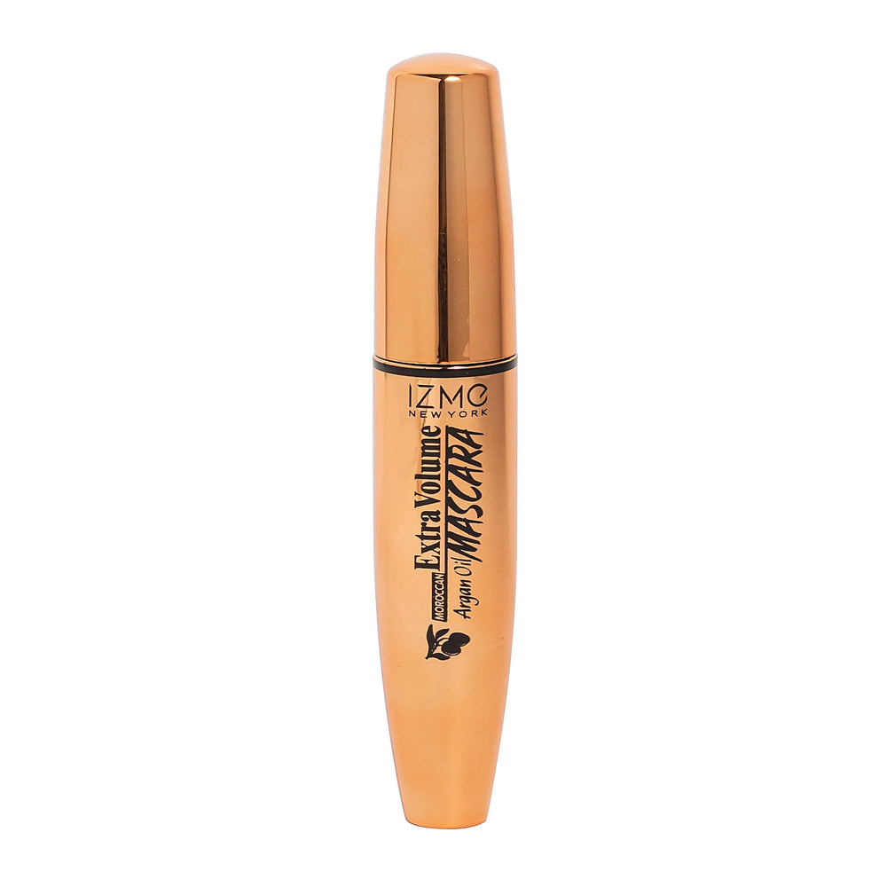 IZME New York Mascara con aceite de argán, empaque dorado, ideal para un acabado luminoso.