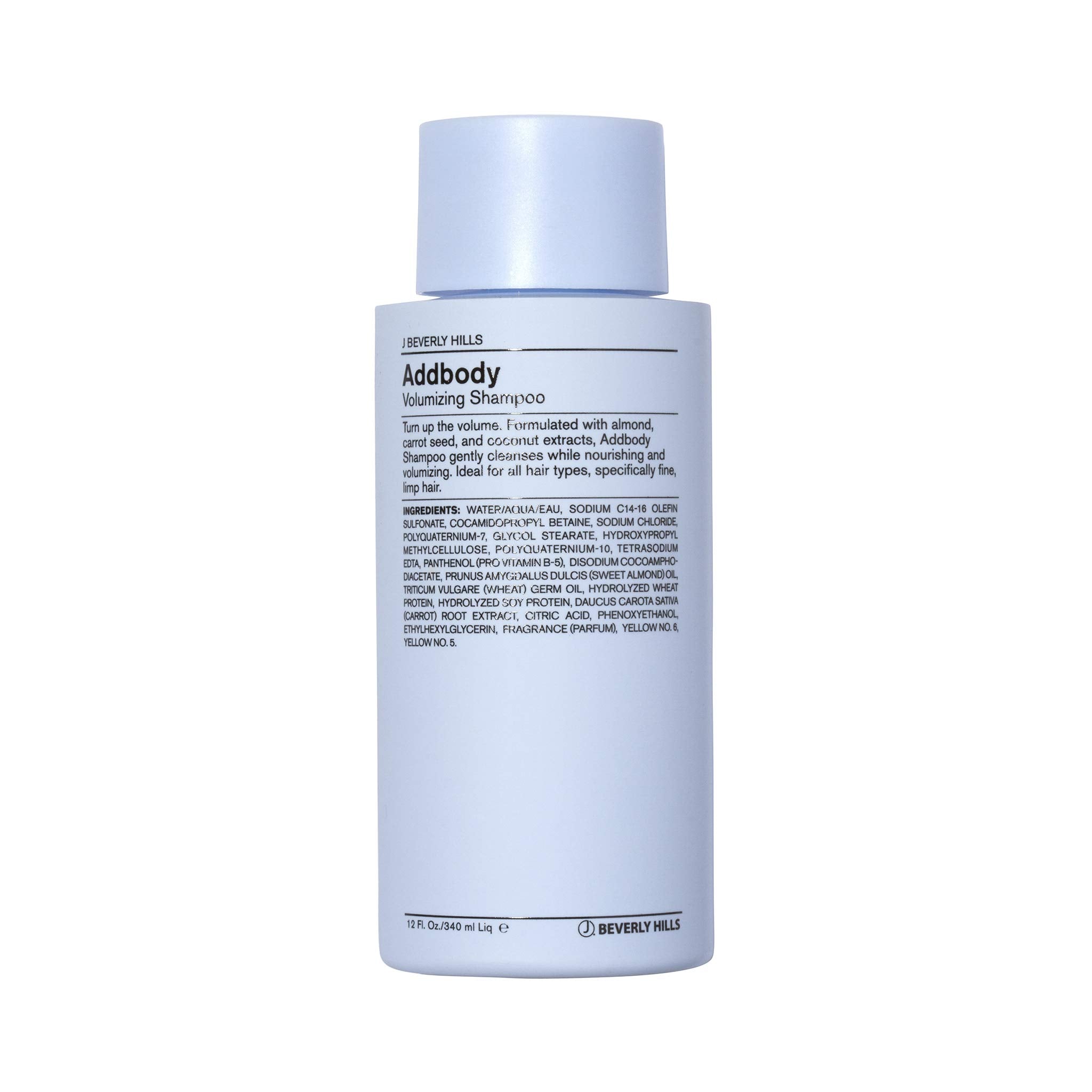 J Beverly Hills Addbody champú azul, botella visible, aporta volumen suave