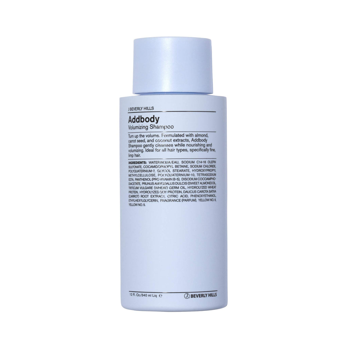 J Beverly Hills Addbody champú azul, botella visible, aporta volumen suave