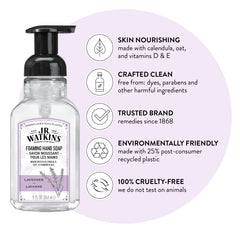 J.R. Watkins jabón espuma Lavanda, textura cremosa para manos limpias.
