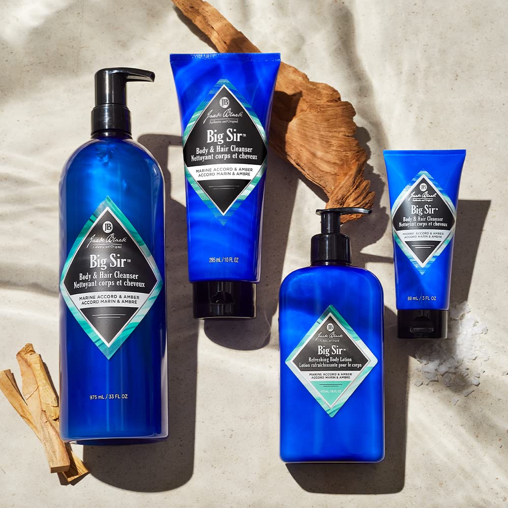 Jack Black Big Sir Body Lotion : emballage et étiquette détaillés pour repérage facile.