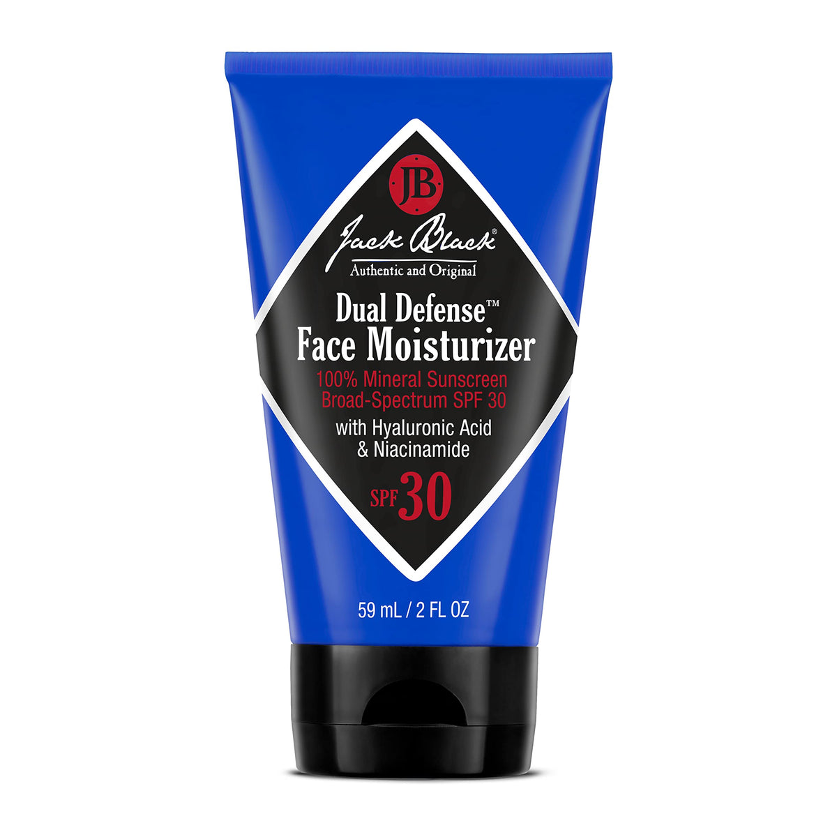 Jack Black Dual Defense SPF 30 bottle on a clean surface showing weightless hydration