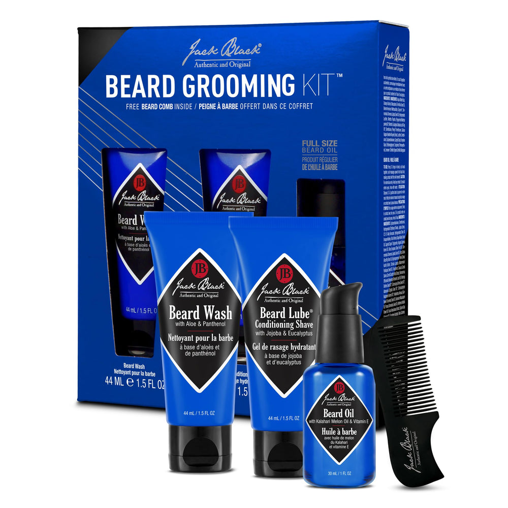 Kit Jack Black pour soin barbe format voyage, pratique et complet.